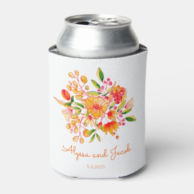 Pink Orange Watercolor Flowers Custom Wedding  Can Cooler (Can Front)