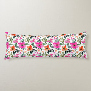 Pink Orange Watercolor Flowers Green Leaves White Body Pillow