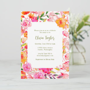 Pink Orange Watercolor Flowers Script Baby Shower Invitation