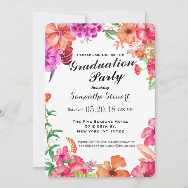 Pink Orange Watercolor Garden Graduation Party Invitation (Front)