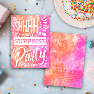 Pink Orange Watercolor Shh Surprise Birthday Party Invitation