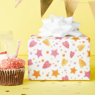 Pink Orange Watercolor Stars Hearts Pattern Wrapping Paper