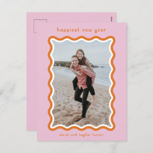 Pink & Orange Wavy Frame Happiest New Year Holiday Postcard
