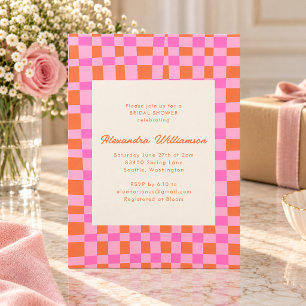 Pink Orange Wavy Retro Chequerboard Bridal Shower Invitation