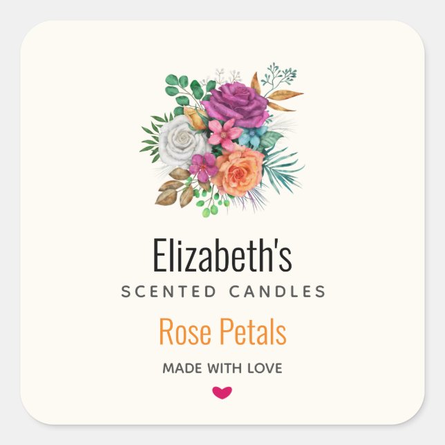 Pink, Orange & White Roses Bouquet Candle Biz Square Sticker (Front)