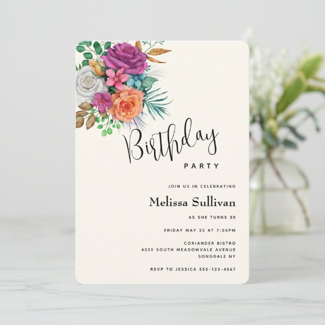 Pink, Orange & White Roses Floral Bouquet Birthday Invitation (Standing Front)