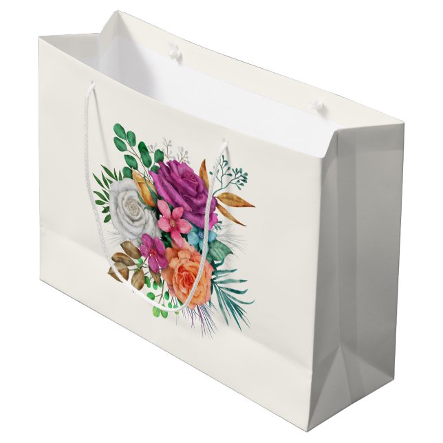 Pink, Orange & White Roses Floral Bouquet Large Gift Bag (Front Angled)