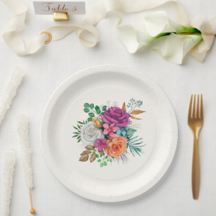 Pink, Orange & White Roses Floral Bouquet Paper Plate