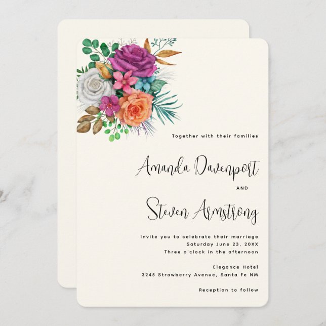 Pink, Orange & White Roses Floral Bouquet Wedding Invitation (Front/Back)
