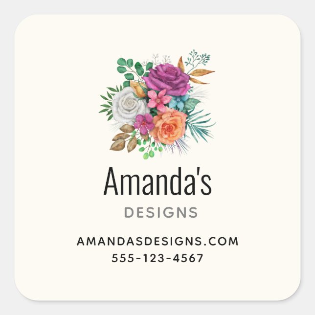Pink, Orange & White Roses Floral Business Square Sticker (Front)