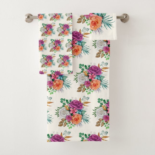 Pink, Orange & White Roses Floral Pattern Bath Towel Set (Insitu)