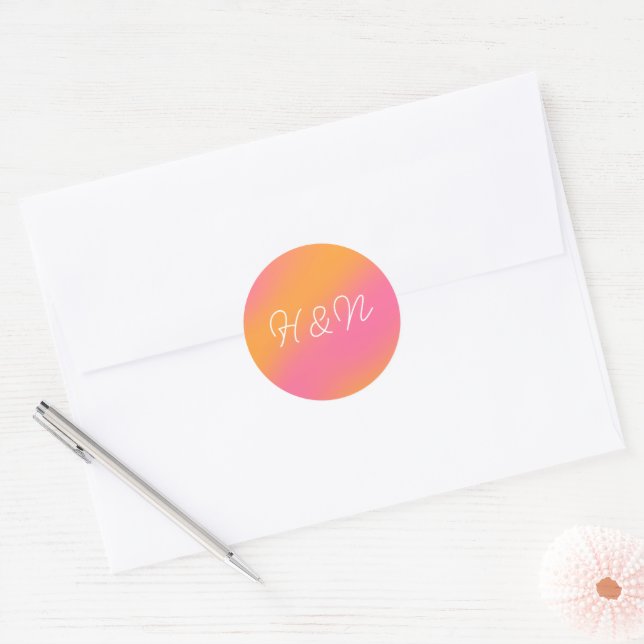 Pink Orange White Simple Script Monogram Classic Round Sticker (Envelope)