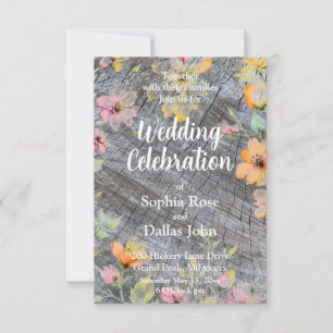 Pink orange wildflowers rustic wood pattern invitation