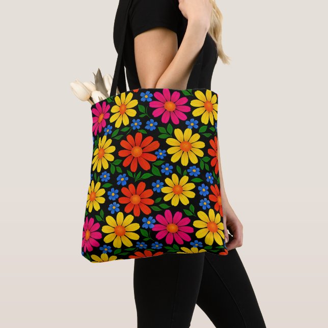 Pink, Orange, Yellow & Blue Floral Tote Bag (Close Up)