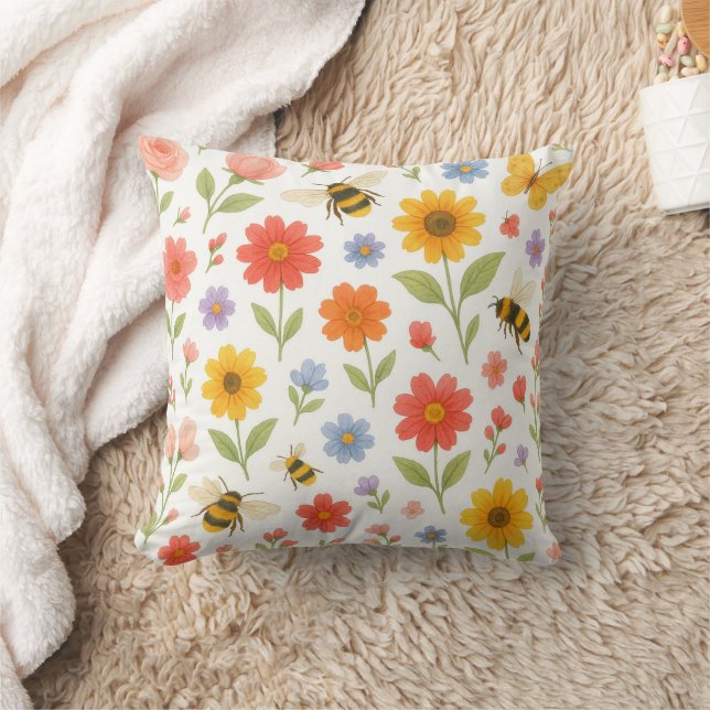 Pink Orange Yellow Floral and Bee Pattern  Throw Pillow (Blanket)