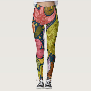 Pink Orange Yellow Green Purple Flowers And Swirl Leggings
