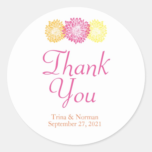 Pink, Orange & Yellow M Wedding Thank You Stickers (Front)