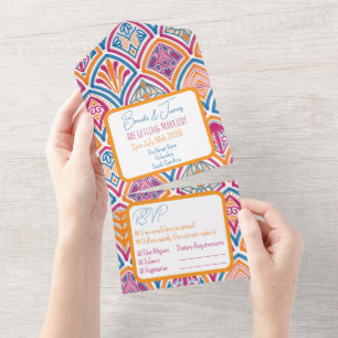 Pink Orange Yellow Teal Decorative Fan Wedding All In One Invitation