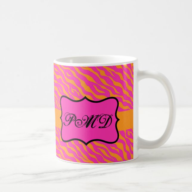 Pink & Orange Zebra Skin Monogram Initial Coffee Mug (Right)