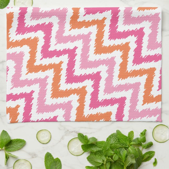 Pink Orange Zigzag Ikat Pattern Kitchen Towel (Folded)