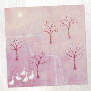 Pink Orchard with Geese Landscape Painting Card