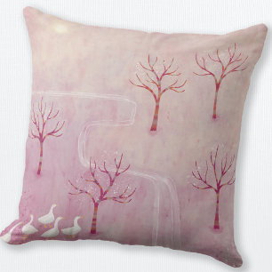 Pink Orchard with Geese Landscape Painting Throw Pillow