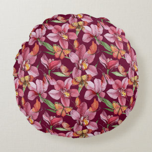 Pink Orchards in Watercolor - Cranberry Background Round Pillow