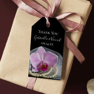 Pink Orchid and Pearls on Black Wedding Favour Tag