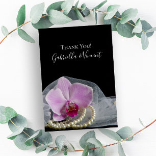 Pink Orchid and Pearls on Black Wedding Thank You Card