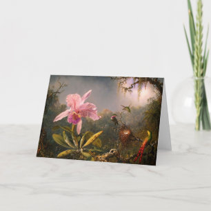 Pink Orchid and Three Hummingbirds Greeting Card