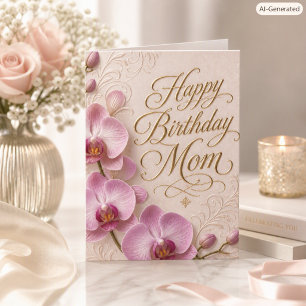 Pink Orchid Birthday Card for Mom with Elegant Gol