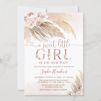 Pink Orchid Boho Pampas Grass Girl Baby Shower Invitation