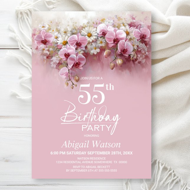 Pink Orchid Floral 55th Birthday Party Invitation (Creator Uploaded)