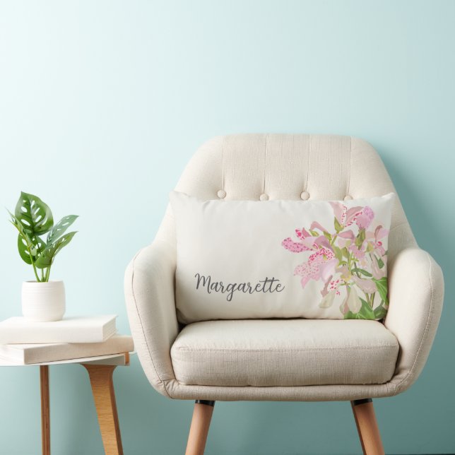 Pink Orchid Floral Design – Elegant Botanical Art Lumbar Pillow (Chair)