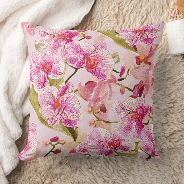 pink orchid floral pattern throw pillow (Blanket)