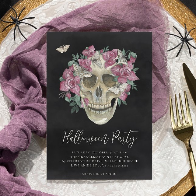 Pink Orchid Floral Skull Halloween Party Invitation (Creator Uploaded)