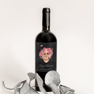 Pink Orchid Floral Skull Personalized Halloween Wine Label