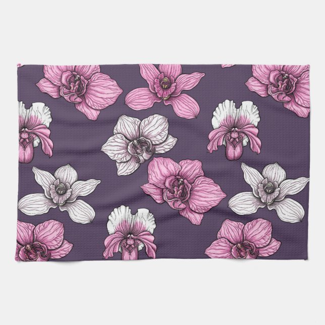 Pink orchid flowers kitchen towel (Horizontal)