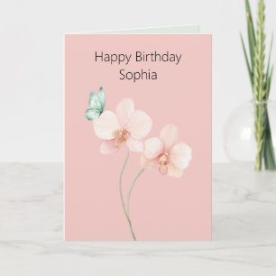 Pink Orchid Flowers Mint Green Butterfly Birthday Card
