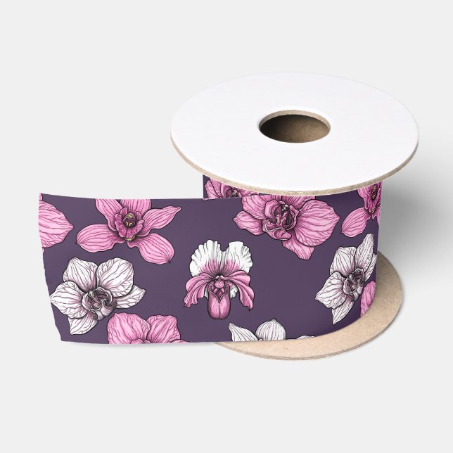 Pink orchid flowers satin ribbon (Spool)