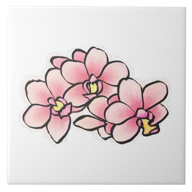 Pink Orchid Flowers Watercolor Design Tile (Front)
