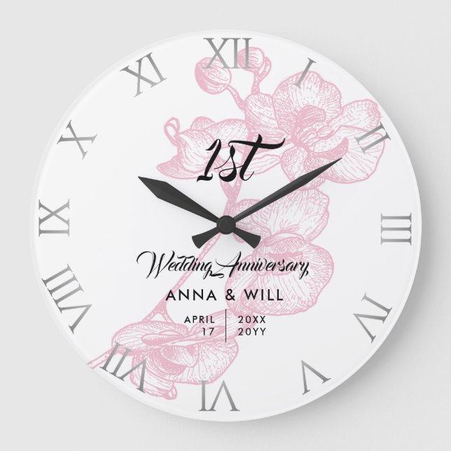 Pink Orchid Ink Sketch Elegant Wedding Anniversary Large Clock (Front)