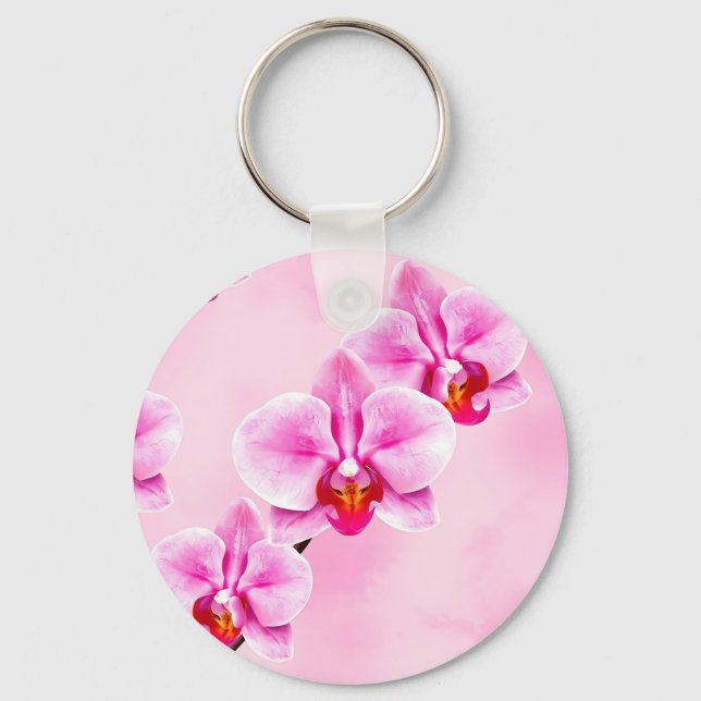 Pink Orchid Pattern Tropical Floral Soft Pastel  Keychain (Front)