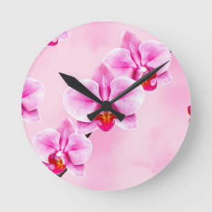 Pink Orchid Pattern Tropical Floral Soft Pastel Round Clock