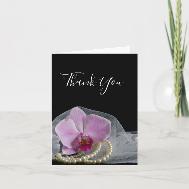Pink Orchid Pearls Veil on Black Wedding Thank You (Front)