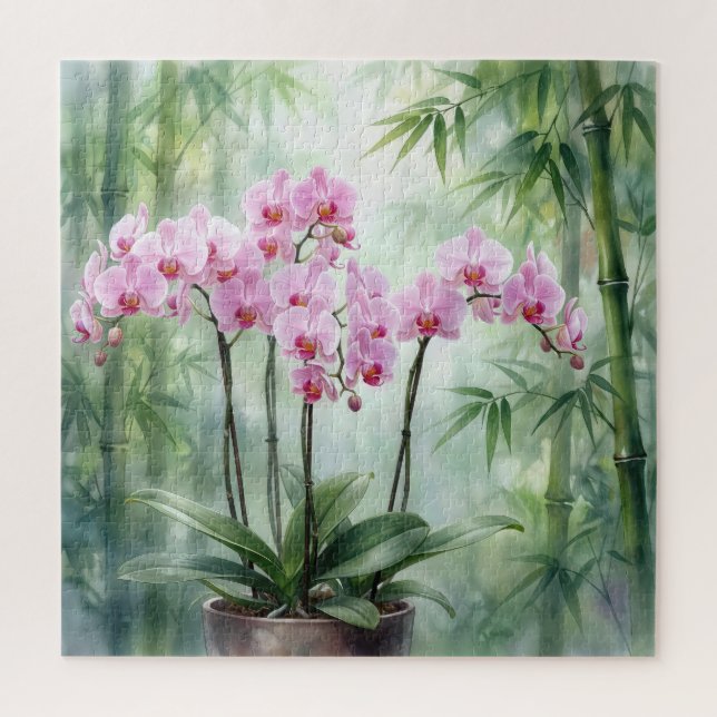 Pink Orchid Plant On Bamboo Background Jigsaw Puzzle (Vertical)