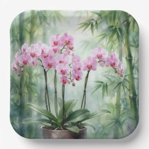 Pink Orchid Plant On Bamboo Background Paper Plate
