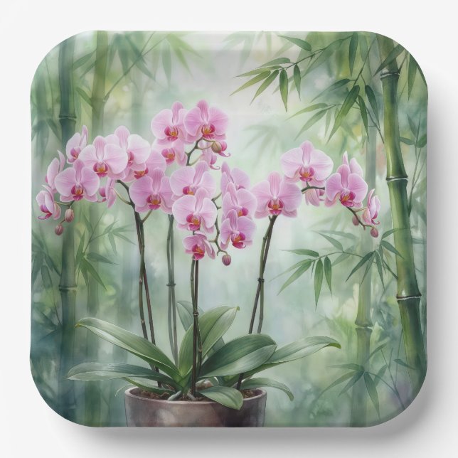 Pink Orchid Plant On Bamboo Background Paper Plate (Front)