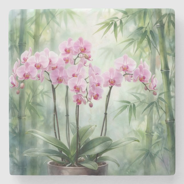 Pink Orchid Plant On Bamboo Background Stone Coaster (Front)