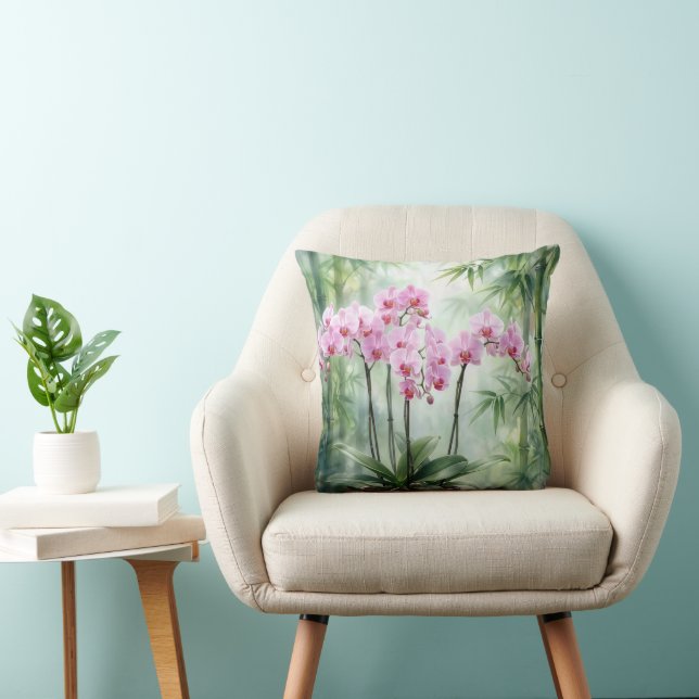 Pink Orchid Plant On Bamboo Background Throw Pillow (Chair)
